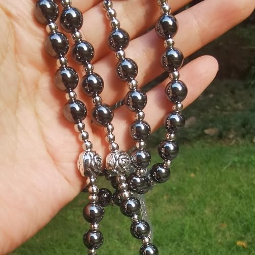 Hematite rosary beads catholic for men,Rosary Necklace for men and women with medal & cross,Rosary black stone beads with stainless steel beads and St.Benedict metal beads.2