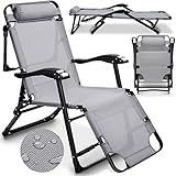 tillvex Sonnenliege klappbar mit Kopfkissen und Massagefunktion | Gartenliege 5-Fach verstellbar mit Stahlrahmen | Liegestuhl Gartenstuhl mit Rückenlehne und Armlehnen (Grau)