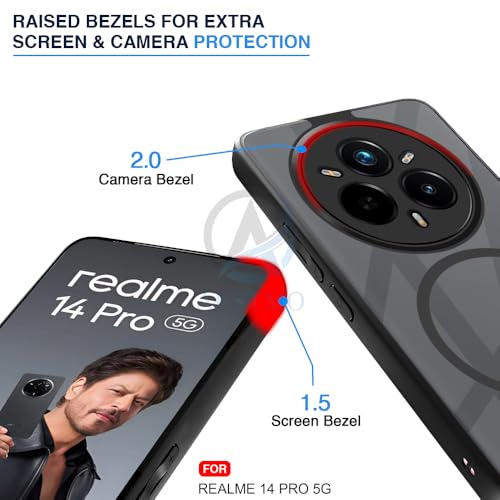 Image of AESTMO Realme 14 Pro 5G Back Cover | 360 Protection | Crystal Clear Hard Back Transparent | Compatible with MagSafe Accessories for Realme 14 Pro 5G (PC+TPU, Black Bumper)