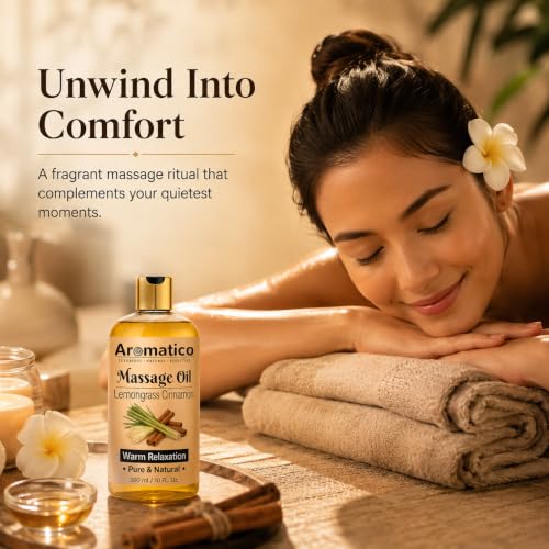 Image of AROMATICO Lemongrass Cinnamon Warm Massage Oil - Ideal for Hot Oil Massage | Body Massage Oil with Almond & Jojoba for Full Body Relaxation | 300ml
