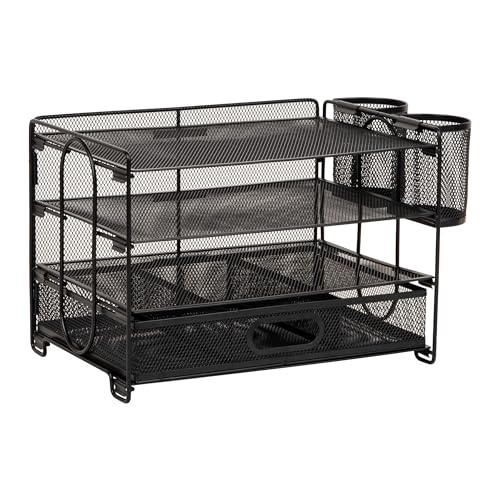 Image of Mind Reader Mesh Desk Organizer, 3 Trays, 1 Drawer, 2 Pen Holders, Office Desktop Organizer, Metal Mesh, Black