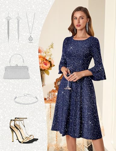 Image of HomRain Women's Church Dresses Modest Bell Sleeve Wedding Guest Cocktail Tea Party Vintage Evening Dress