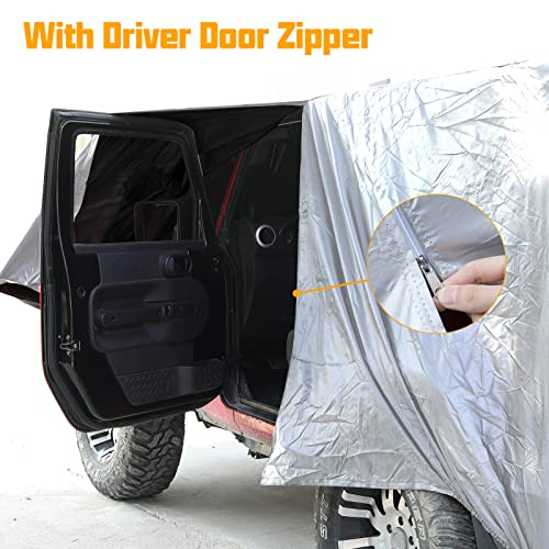 Image of Winunite Silver Outdoor Full Car Cover Compatible with Jeep Wrangler CJ YJ TJ JK JL 4-Door 1965-2023 Waterproof Rain Protector All Weather Sun, Snow Car Covers with Driver Door Zipper