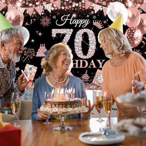 Image of Avezano Happy 70th Birthday Banner for Women Black and Rose Gold Glitter Balloon 70 Birthday Party Backdrop 70 Year Old Bday Photo Backdrop Party Supplies 70.8 x 43.3 Inch