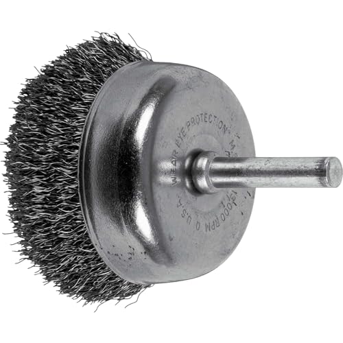 Image of Pferd Power Stem Mounted Crimped Wire Cup Brush, 2 inch Diameter, 0.008 inch Wire Size, Round Shank, Carbon Steel Bristles, 13000 Maximum RPM - Part 82824