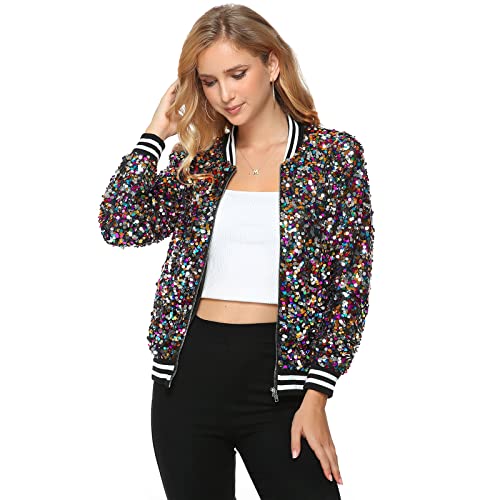 Womens Long Sleeve Sequin Open Front Zipper Jacket with Ribbed Cuffs