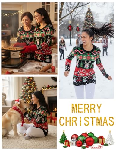 Image of v28 Varied Ugly Christmas Sweater for Women Merry Reindeer Shirt Knit Sweaters