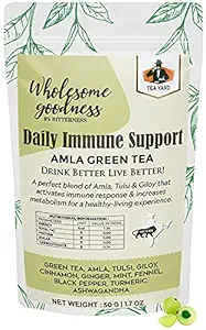 Daily Immune Support Amla Green Tea with Tulsi Giloy Ginger Mint Pepper Turmeric Ashwagandha for Increased Metabolism & Energy Pure Natural Whole Loose Leaf (50g)