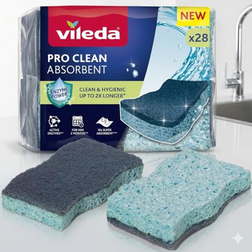 Vileda éponges Pro Clean Viscose, Pack de 28 unitées, Nettoyage Profond et supérieur, Haute Absorption, enzymes Actives
