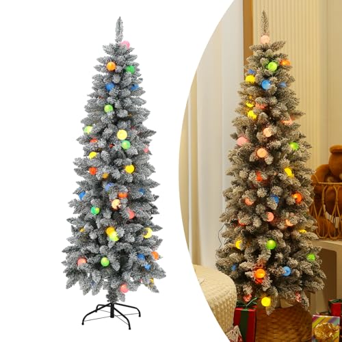 5Ft Prelit Flocking Pencil Christmas Tree Artificial Christmas Tree with Bulb Colorful Lights...