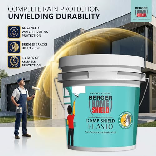 Image of BERGER HomeShield Dampstop Elasto Waterproofing Membrane Damp Proof Basecoat for Exterior Walls Self Priming Anti-Carbonation Solution (10L, White)