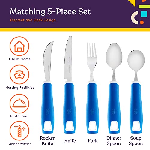 Special Supplies Adaptive Utensils 5-Piece Set Non-Weighted, Non-Slip Handles for Hand Tremors, Arthritis, Parkinson’s or Elderly Use - Stainless Steel Knife, Rocker Knife, Fork, Spoons - Blue - Image 5