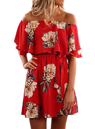 Image of KBOOK Women's Off Shoulder Floral Print Cute Vacation Boho Short Sleeve Casual Mini Party Dress with Belt