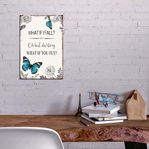 Inspirational Quote Canvas Wall Art : Motivational Posters Blue Butterfly Flower Picture Framed, What If I Fall Positive Affirmations Bedroom Decor Gift For Women Girl 10" X 15" #TOP7