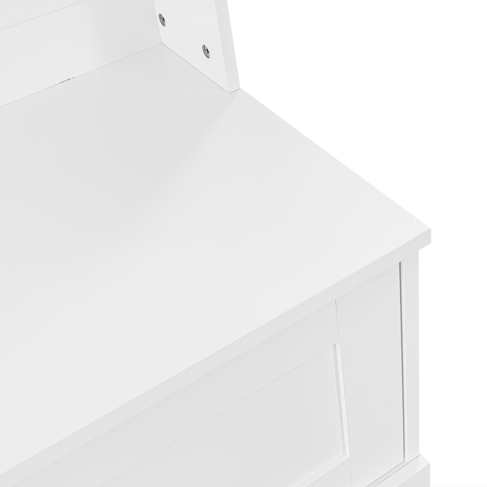 Armario de entrada blanco de 101,5 x 183 cm con espacio de almacenamiento en la parte inferior del asiento con 4 ganchos para colgar y 2 compartimentos en la parte superior para almacenamiento abierto