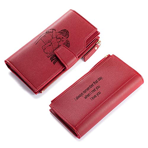 Lovejewelry Personalized Wallets for Women Photo Engraved PU Leather Trifold Wallet Credit Card Clutch Long Wallet for Girlfriend Mom Mother’s Day (Red -2), Wa-100359
