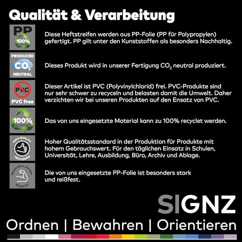 SIGNZ Heftstreifen Kunststoff (PP), 75 Stück, 25 x 3 Farben, recycelbarer Kunststoff (PP), CO2-neutral hergestellt, made in Germany (75 Stück, schwarz, schwarz, schwarz)