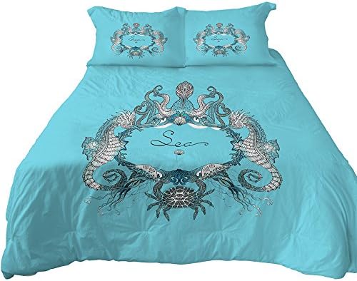 Anoleu Medium Turquoise Sea Life Bedding Octopus Sea Horse Cab Duvet Cover Set Reversible Sea Fishes Design (Queen)