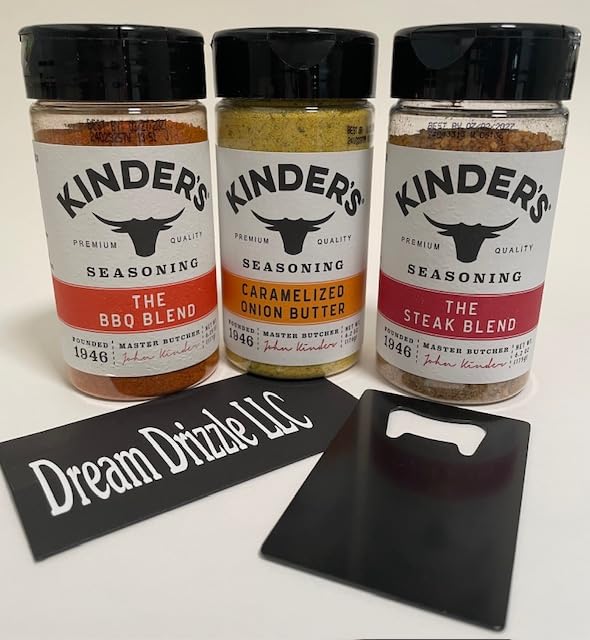 Seasoning Set, KINDERS, Pantry Assortment, The BBQ Blend, Caramelized Onion Butter, and The Steak Blend, Variety 3 pack and handy bottle opener - 4 items!