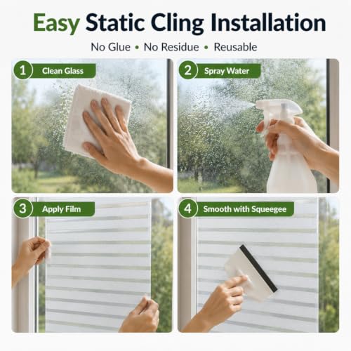 Image of Self Adhesive Window Privacy Film for Glass Windows & Doors | UV Blocking, Heat & Glare Reduction | Decorative Frosted Glass Film Easy to Apply (Frosted White Stripe, 24X100 Inch)