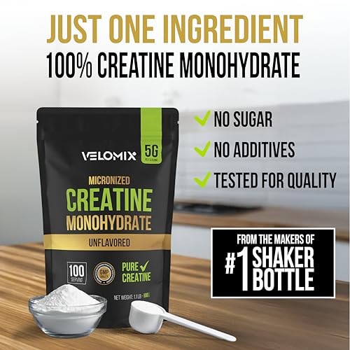 Image of VELOMIX Micronized Creatine Monohydrate Powder - 100% Pure Creatine Powder Unflavored and Easy to Mix | Supports Muscle Growth, Recovery, and Strength | 5000mg Per Serv (5g) - 100 Servings