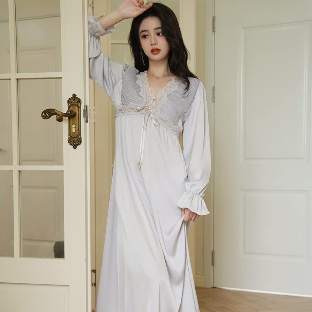 Nachthemd,Damen-Nachthemden, Grauer Satin, V-Ausschnitt, Hohle Spitze, Nähte Mit Knöpfen, Sexy Schlafhemd, Weiches, Bequemes, Langärmliges Nachthemd, Loungewear Für Damen, Mädchen, Pyjama-Party