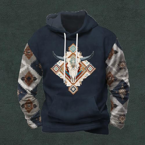 Mens Cowboy Hoodies Western Hooded Sweatshirts Casual Aztec Tribal Graphic Drawstring Pullover Hoodie with Pocket3