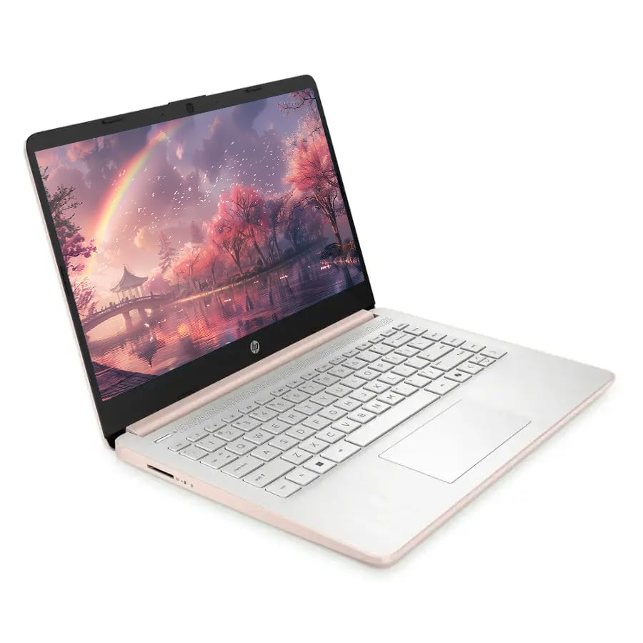 Image of HP 14 inch Business Laptop Computer with Microsoft Office 365, 4-Core Intel Processor, 128GB Storage, 4GB RAM, Windows 11, SageNova Earphones, Pale Rose Gold