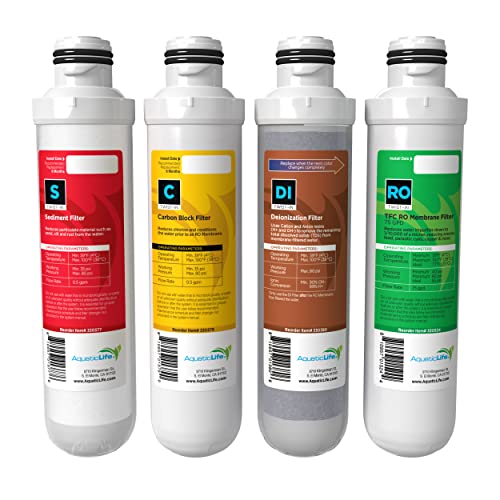 Aquatic Life Twist-In Reverse Osmosis Aquarium Water Filter Replacement Cartridge Pack Includes 75 GPD Membrane Sediment Carbon Block and Deionization DI Filters for 3 and 4-Stage RO/DI System