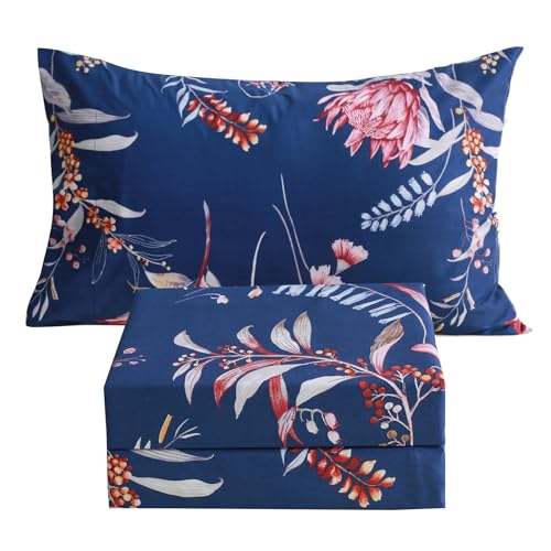 Image of JSD Navy Blue Tropical Floral Printed Sheet Set Twin Size | 3 Piece Soft Botanical Microfiber Sheets, 16 inch Extra Deep Pocket, OEKO-TEX Certified, Easy Care