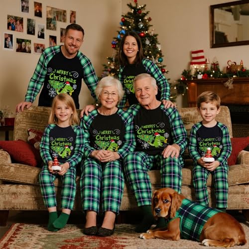 Feionusin Christmas Pajamas Matching Sets for Family Xmas Pjs Sleepwear Set Holiday Family Nightwear Pajamas Matching Sets 02-Green Plaid2