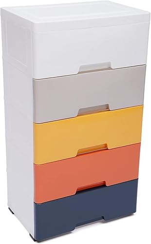 Eapmic Cajones de plástico, armario de almacenamiento con 5 cajones, cajones de armario, cómoda de pie, muebles de noche y mesita de noche para