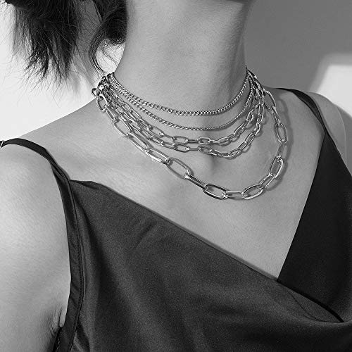 MOKAVIKY 25 Punk Chunky Necklaces for women Silver Chain Goth Layered Necklace2