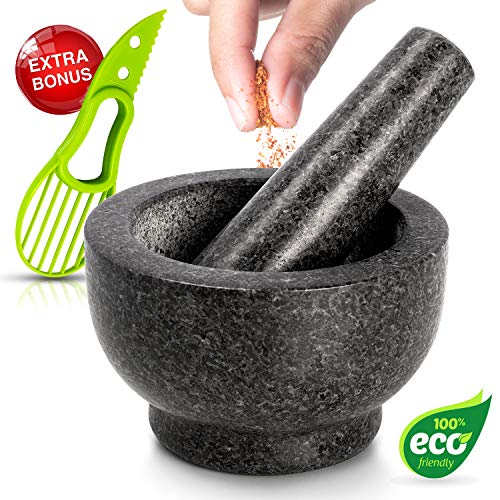 Mortar and Pestle Set Made of 100% Granite Large Natural Guacamole Bowl