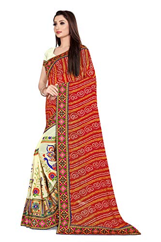 Image of SERONA FABRICS Women's Georgette Embroidered Work Bandhani Printed Saree With Blouse Piece