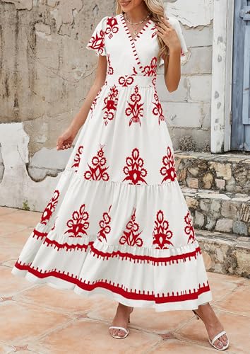 Image of PRETTYGARDEN Womens 2026 Summer Casual V Neck Boho Maxi Dress Flowy Aline Bell Sleeve Tiered Floral Dresses with Pocket