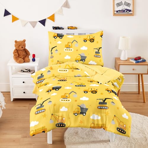 Image of Wake In Cloud - Toddler Bedding Set for Boys, Construction Car Excavator Truck, 4 Pieces Soft Crib Bed Set Including Comforter, Sheets and Pillowcase, Yellow
