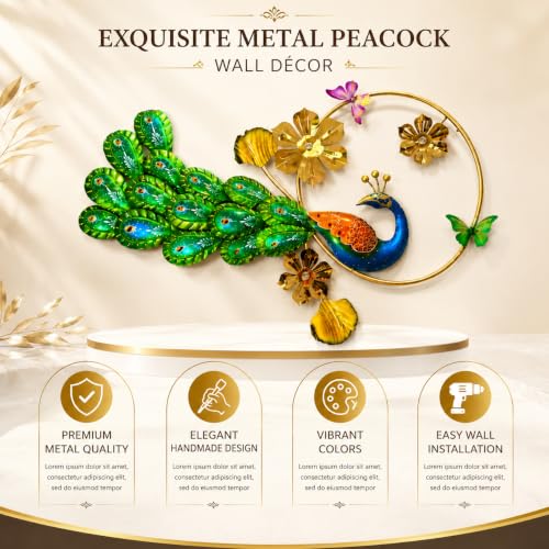Image of STREET CRAFT - Handcrafted Decorative Metal Peacock Wall Art with Golden Leaf Frame Multicolor Bird Sculpture for Living Room Drawing Room Bedroom Home Interior (Size 41x25 Inch)