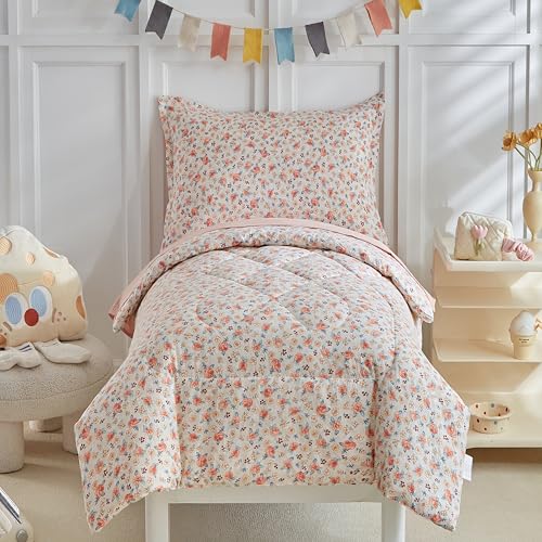 Image of DuShow Toddler Bedding Set for Girls,4 Pieces Floral Toddler Girl Comforter Set,Super Soft Reversible Toddler Sheet Set,Lightweight Crib Bed Set -Pink