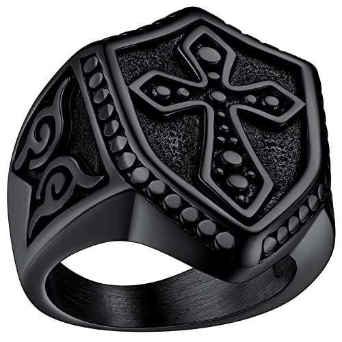 FaithHeart Joyería Cristiana de Amuleto Anillo Cruz Escudo para Hombres Anillo Negro Caballeros Templarios Edad Media Salomón Talla 14 Material Dudadero Acero Inoxidable 316L