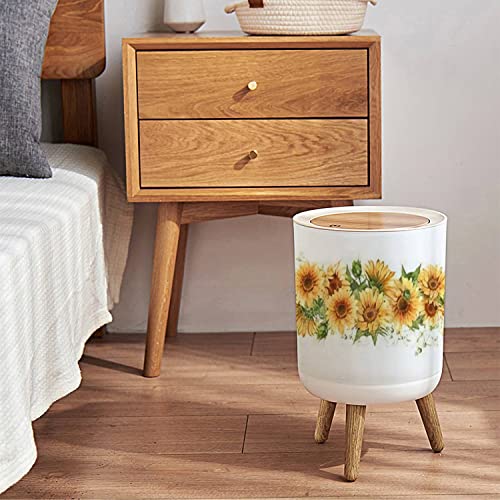 Image of Small Trash Can with Lid Sunflower seamless Watercolor horizontal border Yellow rural flowers Round Recycle Bin Press Top Dog Proof Wastebasket for Kitchen Bathroom Bedroom Office 7L /1.8 Gallon