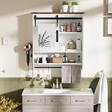 Ztexkee Bathroom Cabinet with Mirror,Wall Medicine Cabinet with Sliding Door,Vanity Mirror with Hair Dryer Holder, 5 Hooks,Towel Bar for Bathroom Kitchen Living Room, Brown White 24 * 27.5''