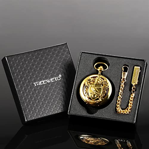 Image of TREEWETO Men's Retro Double Open Skeleton Mechanical Roman Numerals Shield Pocket Watch with Chain for Men Women