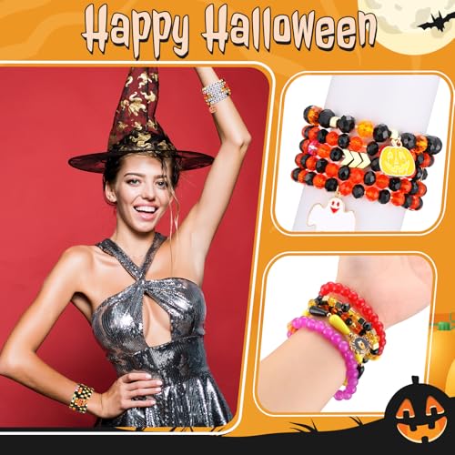 60 Pcs Halloween Bracelets Bulk Beaded Stretch Bracelets with Pumpkin Spider Ghost Witch Web Charms Elastic Layering Halloween Jewelry Stackable Bracelet for Party Jewelry Gifts4