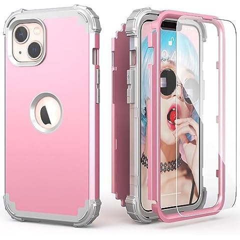 IDweel for iPhone 13 Case with Screen Protector, for iPhone 14 Case, Hybrid Shockproof Heavy Duty Protection Hard PC Cover Soft Silicone Sturdy Bumper Full Body Cover,Pink/Light Grey Cover