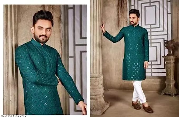 Image of Pure Soft Cotton Long Sleeve and Collared Neck Kurta Men with Embroidery Mirror Work Perfect for Weddings and Functions