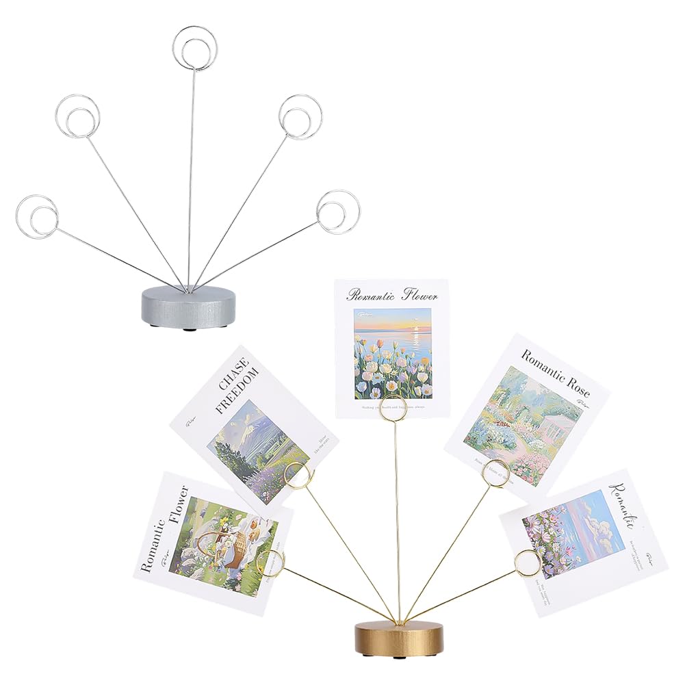 FINGERINSPIRE 2Pcs Round Photo Tree Desktop Photo Display Holder with Adjustable Wire Design Platinum & Golden Photo Memo Holder Round Iron & MFD Name Card Holder for Home Office Decor Card Display