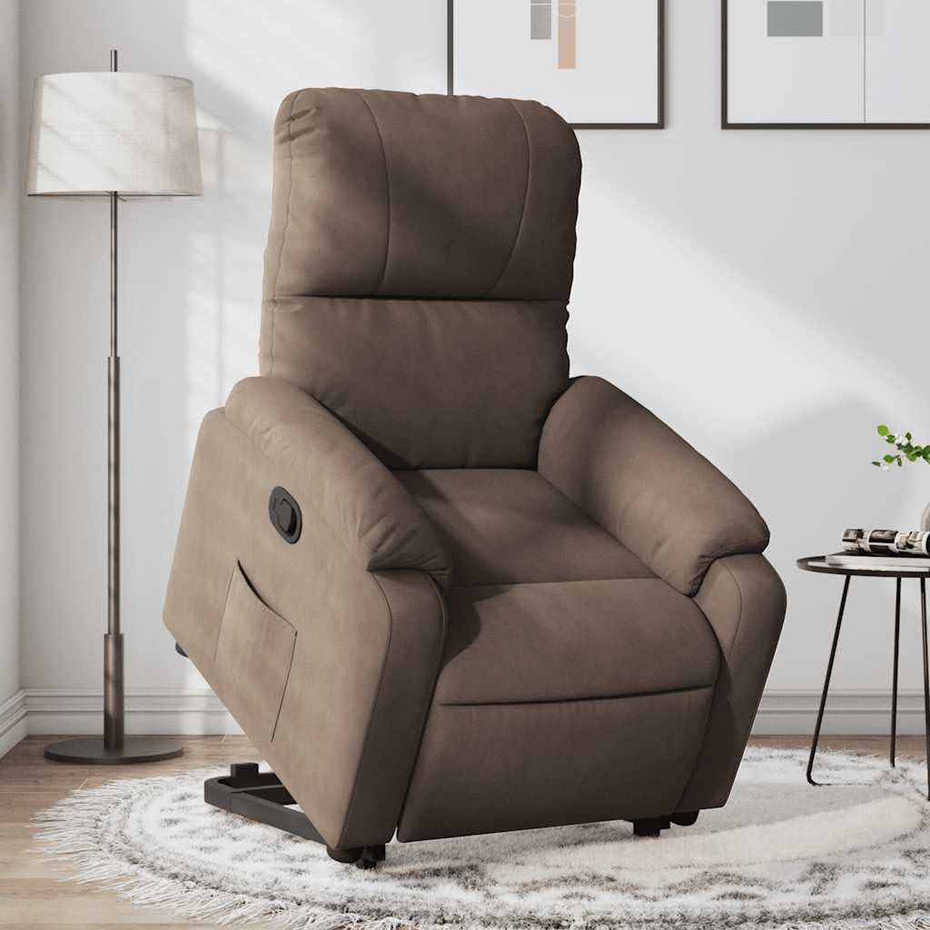 Fotel relaksacyjny z funkcją wspomagania wstawania, brązowy, tkanina z mikrofibry, regulowany silnik elektryczny, funkcja leżenia, ergonomiczny, wygodny, do salonu, biura, kącik do czytania
