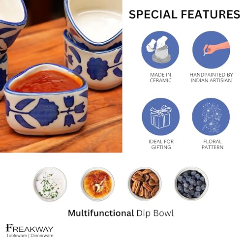 Image of Freakway Hand Painted White Ceramic Dip Bowls | Bowls Set of 2, 40Ml | Bowl for Serving Chutney Bowl /Pickle Bowl /Small (Blue Floral)