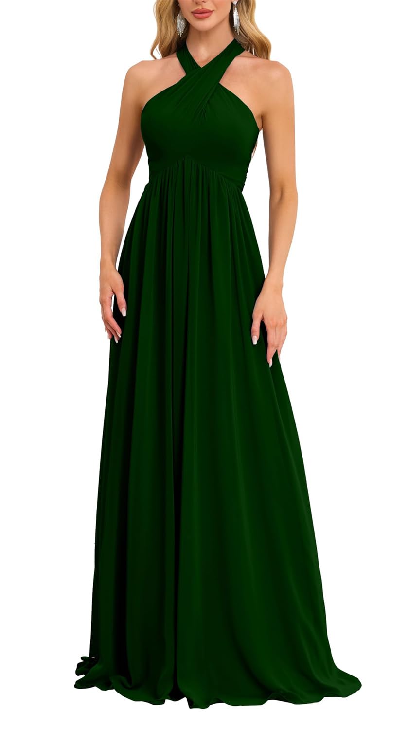 Hppee Women's Emerald Green Halter Bridesmaid Dresses For Corset Chiffon Maid Of Honor Long Formal Dress Evening Gown Uk12